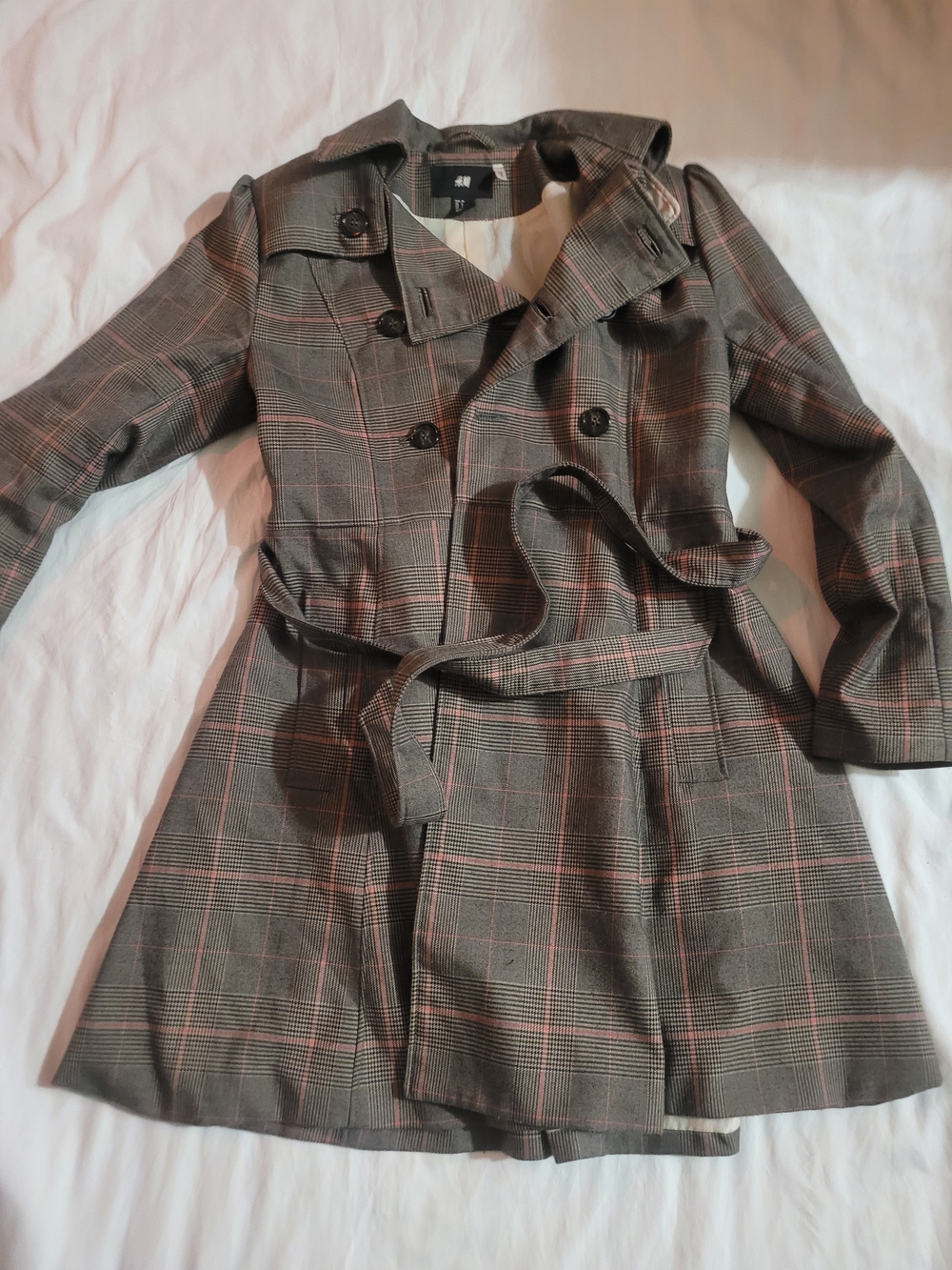 H&M Brown Plaid Double-Breasted Belted Trench Coat with Pink Windowpane